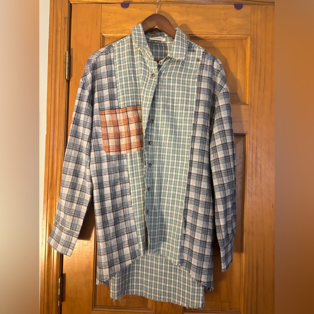 Patchwork Plaid Button-Down Shirt In Blue With Or… - image 1